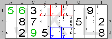 Locked candidate found by the Sudoku Instructions Program (row - box)